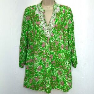Lilly Pulitzer- Sarasota Green Lion Bright White Beaded Embellishment Tunic Med